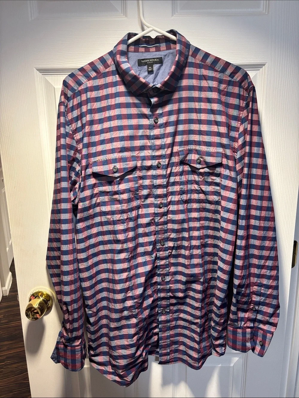Banana Republic Men's Blue and Pink Check Button-Down Shirt